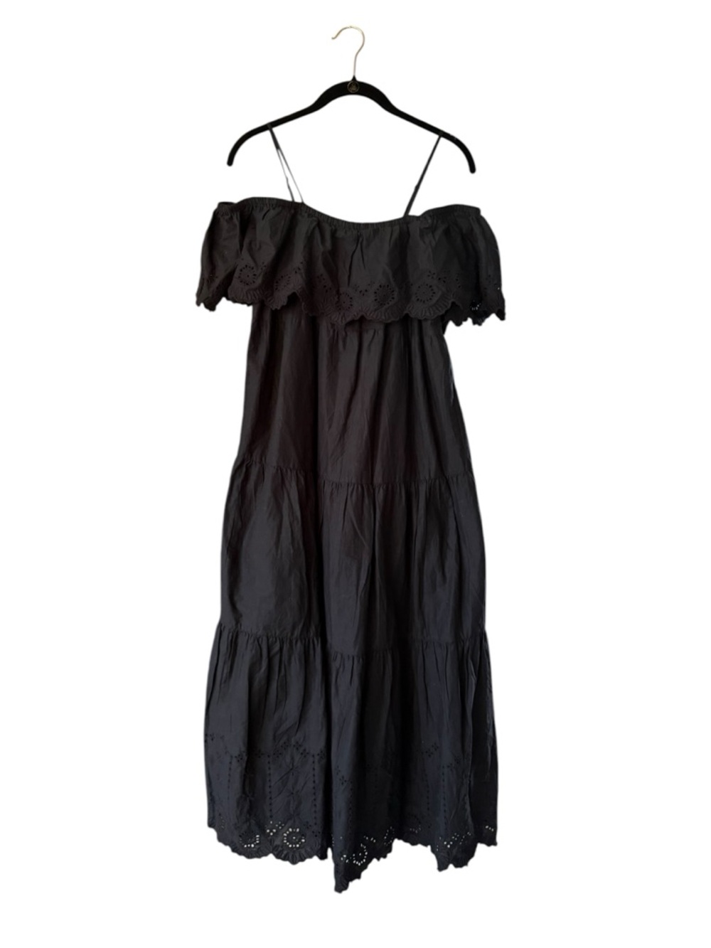 Old Navy Black Swing Cotton Off-Shoulder Black Maxi Dress Eyelet Trim New